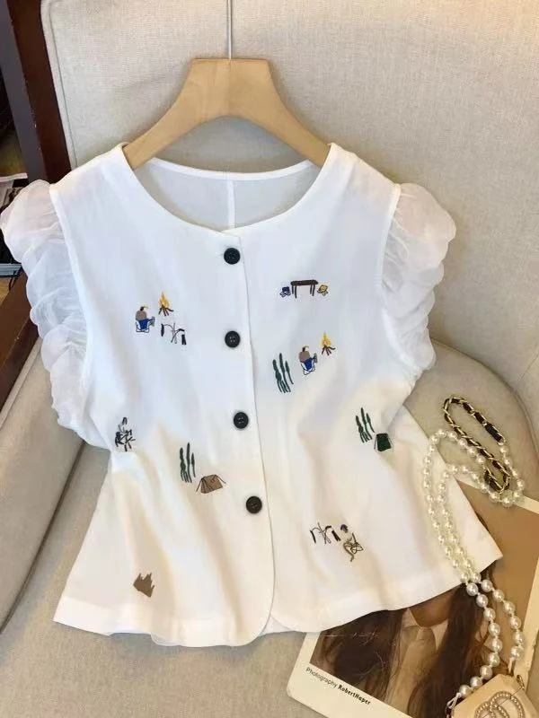 035韩系重工卡通刺绣小飞袖衬衫夏季新款花苞短袖上衣