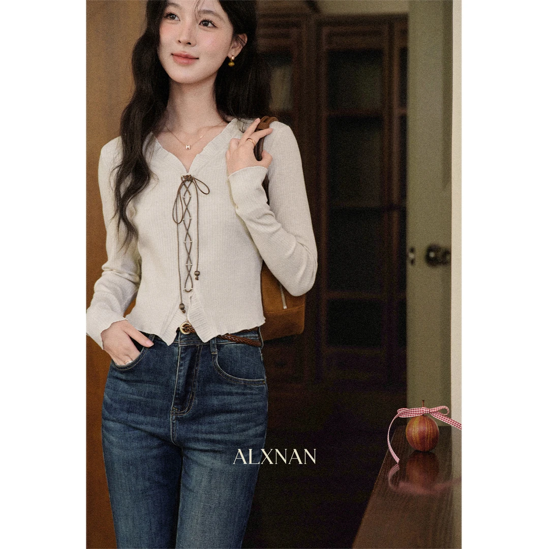 【清清】长袖浅杏色针织衫新款法式修身显瘦上衣L569157