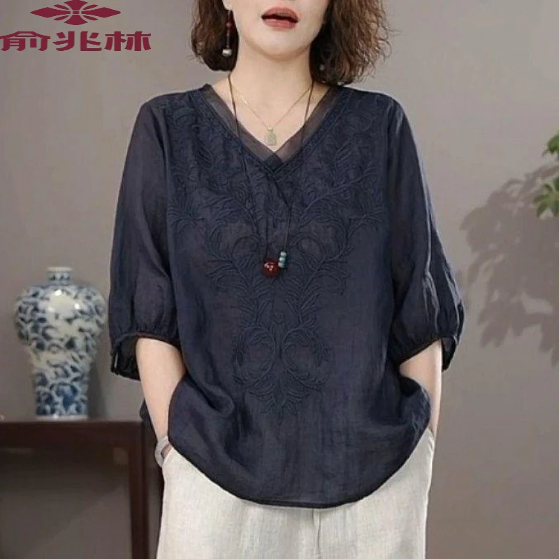 俞兆林妈妈夏装中袖衬衫女上衣2025年夏季薄款洋气高档妈妈装夏季