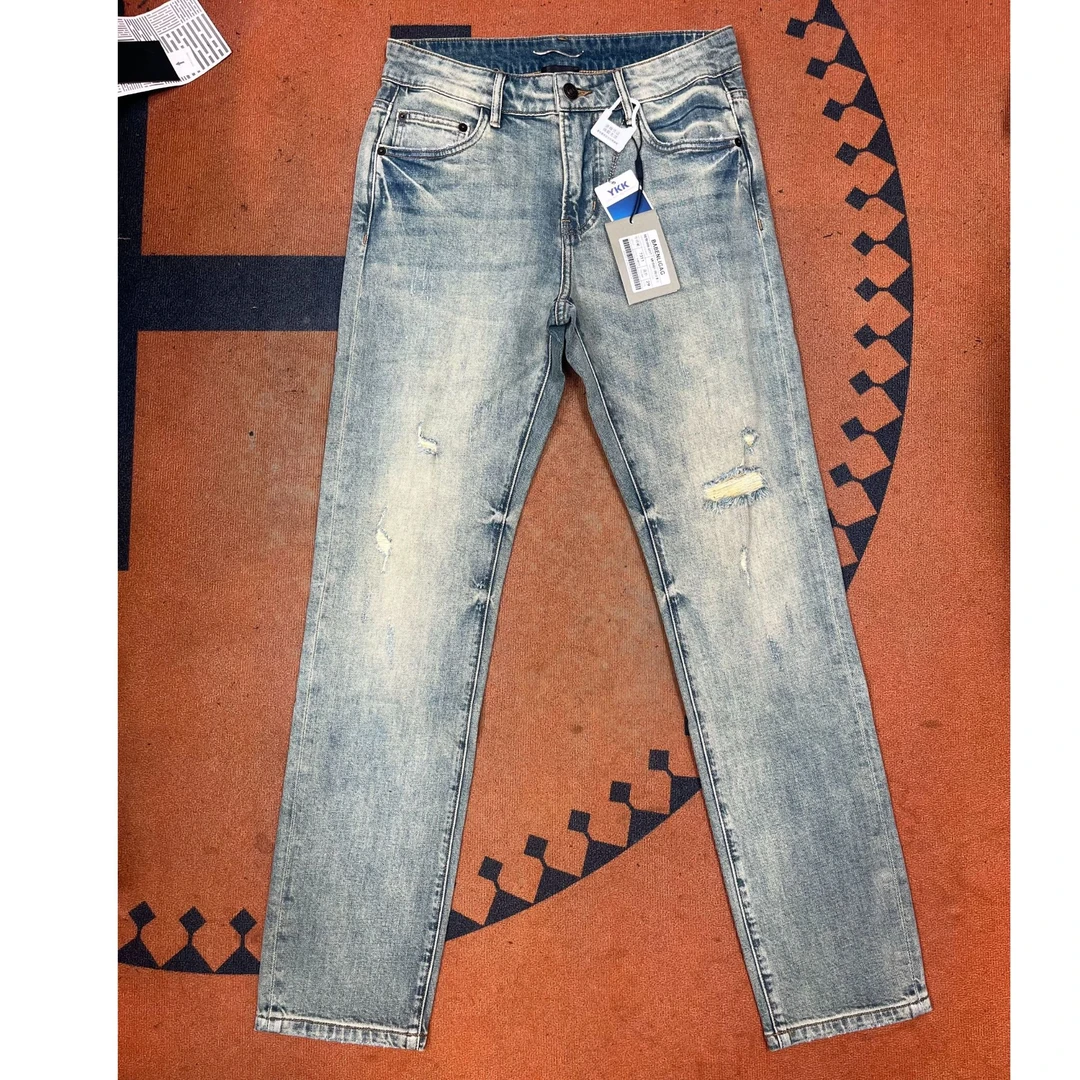 新款欧货男士猫须真破洞户外重工水洗修身小脚牛仔裤长裤