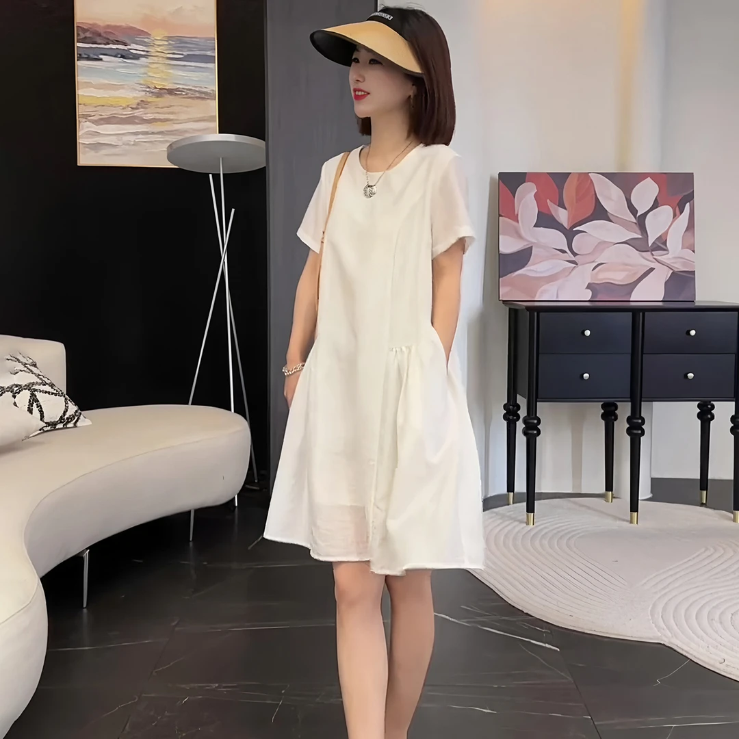 法式气质白色圆领短袖连衣裙女2025夏季新款今年流行爆款a字裙子