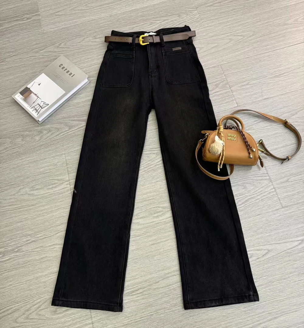 【长腿攻略】轻奢显瘦宽松直筒水洗秋冬设计师加绒牛仔裤#2366