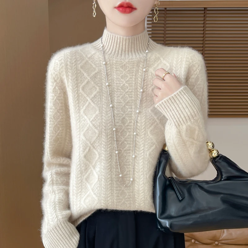 减龄神器~秋冬新款100纯羊毛衫七针加厚绞花时尚百搭女士针织衫