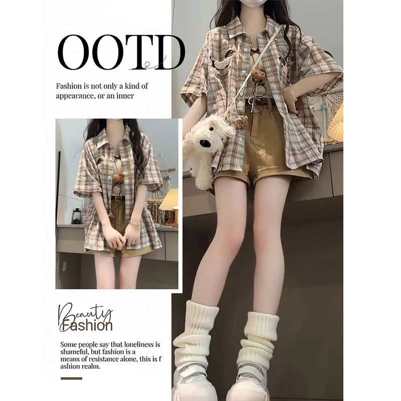 套装女2025新款日系温柔学院风格纹短袖衬衫吊带上衣短裤子三件套