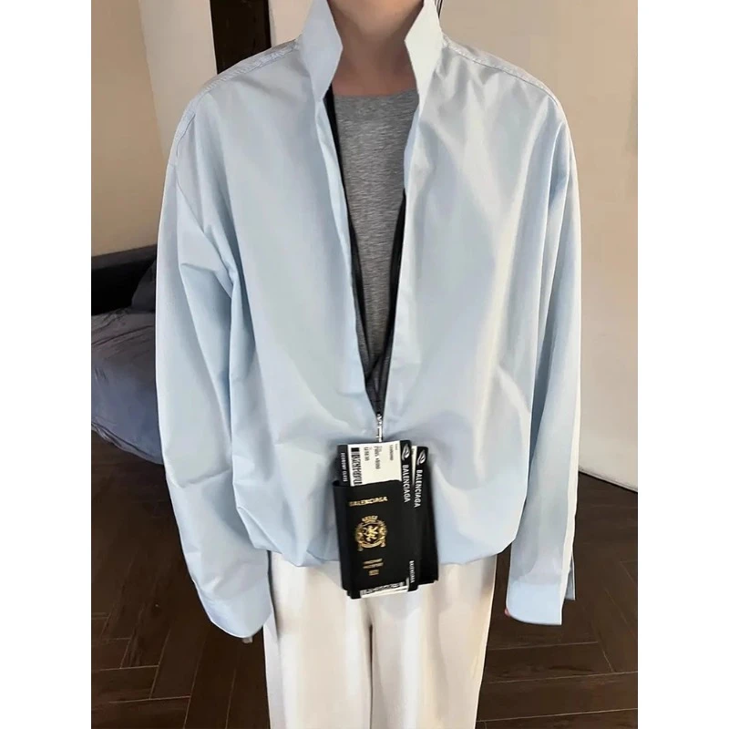 高级感蓝色假两件拼接衬衫男长袖夏季小众设计感cleanfit简约衬衣