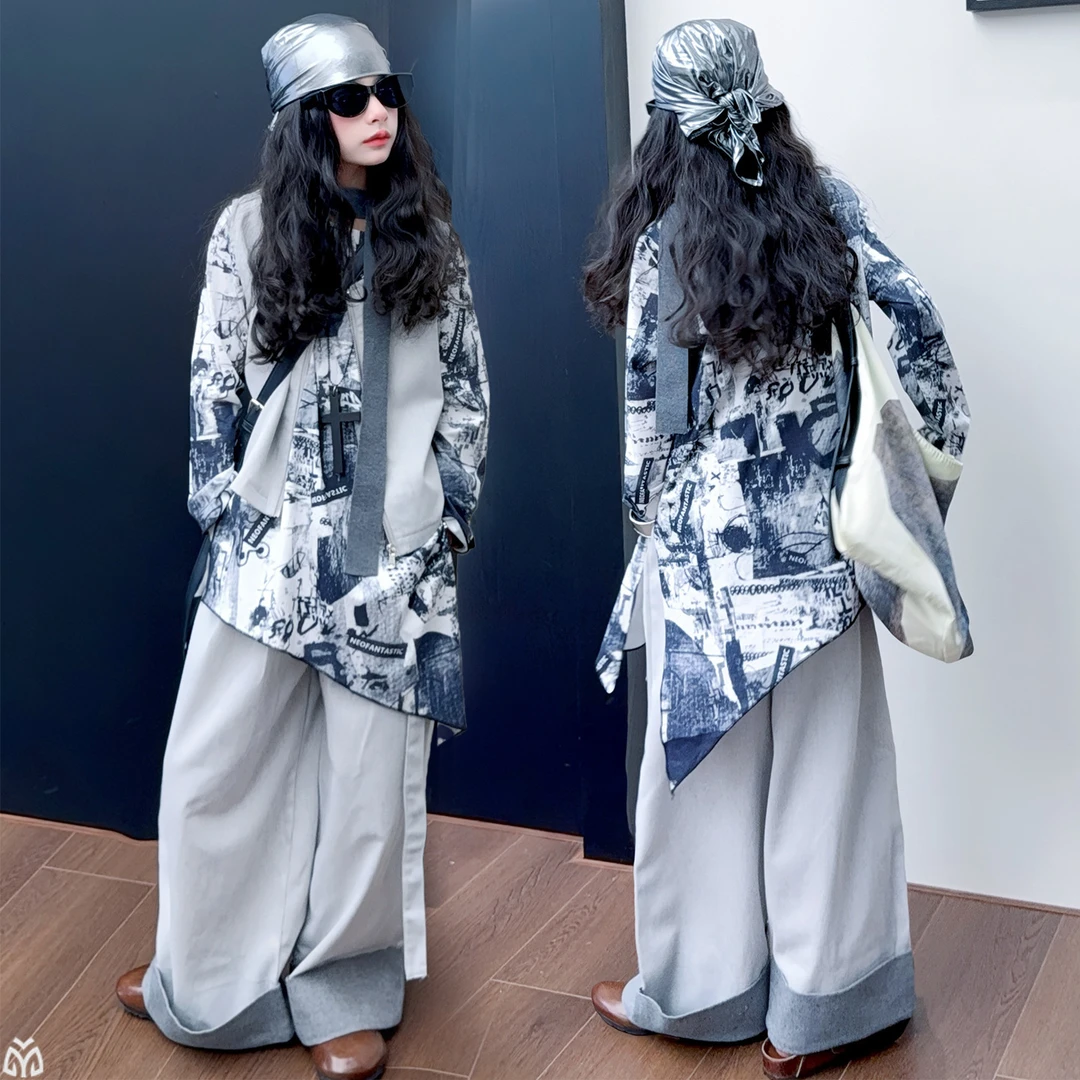 女童工装套装女孩2025新款休闲牛仔马甲外套高腰阔腿裤两件套秋装