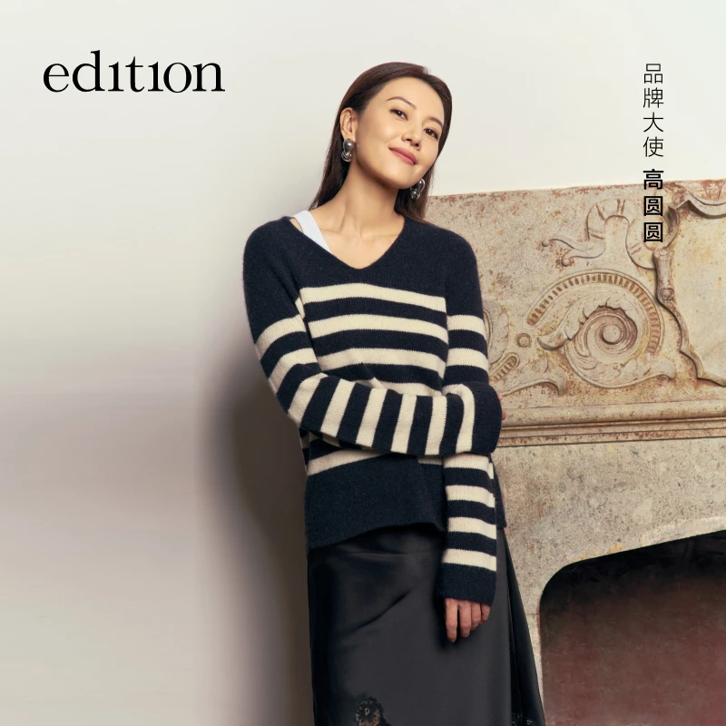 【高圆圆同款】edition2025冬季新款骆驼绒复古条纹毛衣#EBE4SWT015