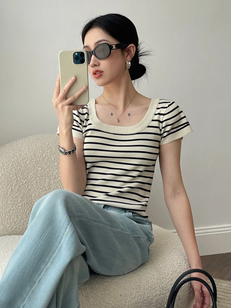 T夏季莱赛尔天丝短袖法式条纹女风毛针织衫上衣修身休闲短款外穿