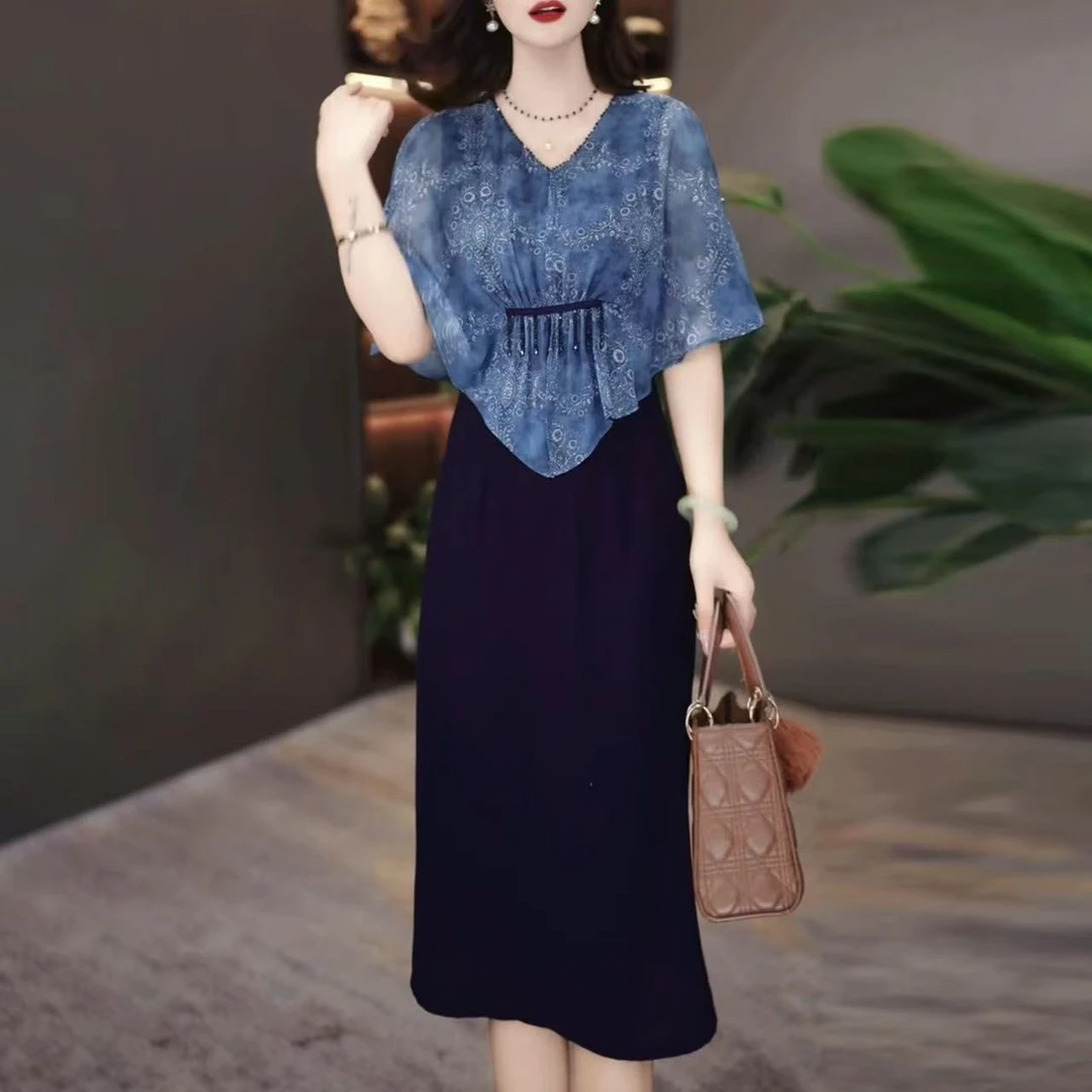 5166#蝙蝠衫轻奢拼接连衣裙2025夏时尚洋气新款遮肉显瘦减龄裙子