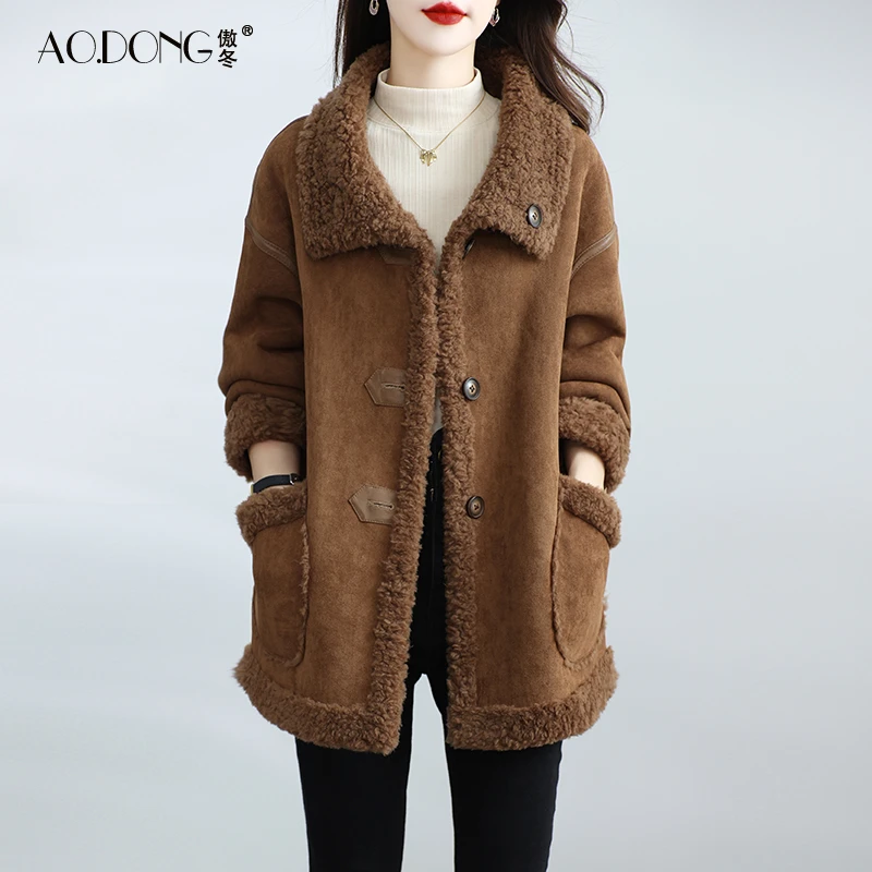 新款海宁两面穿颗粒绒皮草外套女中长款保暖羊羔毛翻领大衣冬季