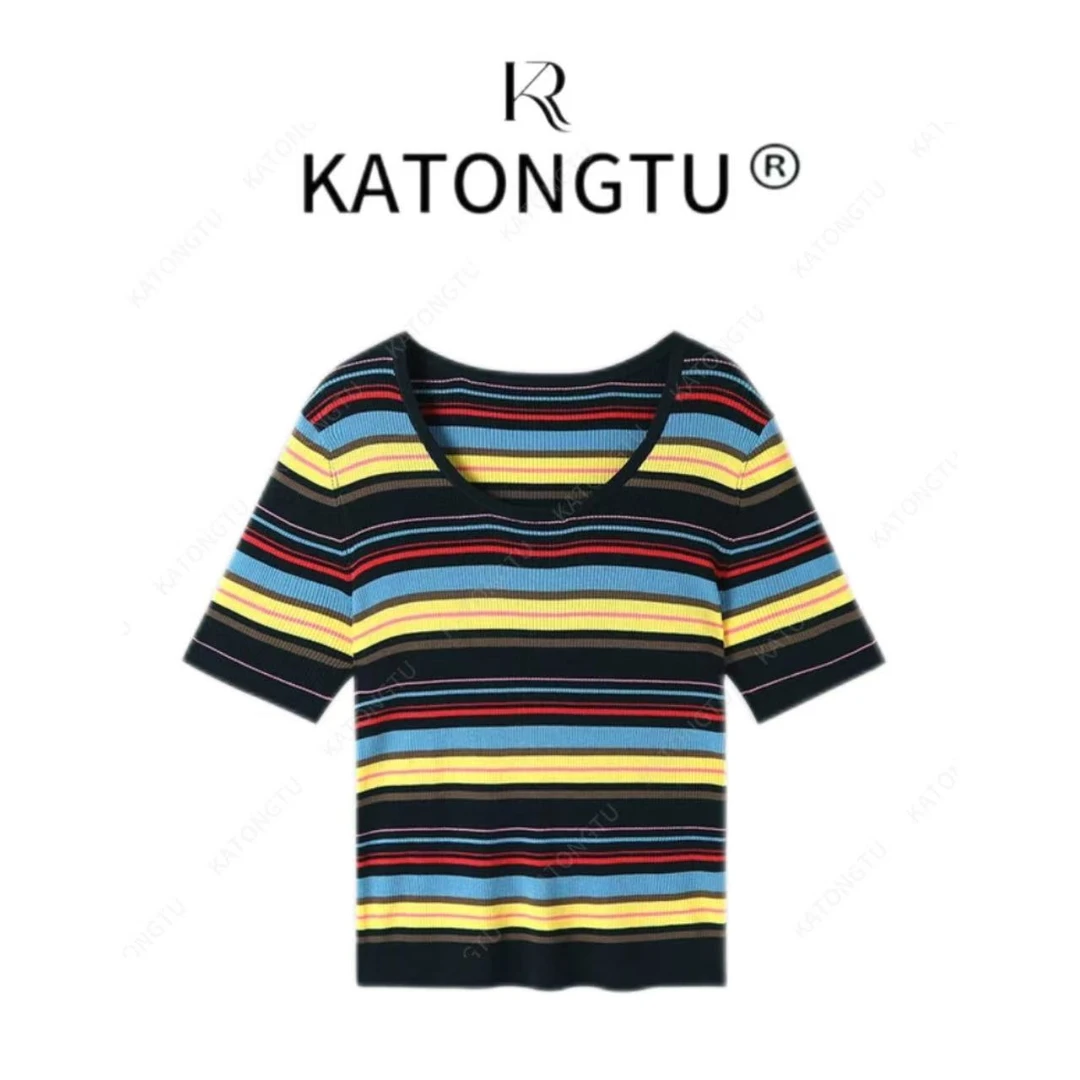 KATONGTU 【彩绘条纹】25新款立体撞色条纹百搭T恤 DM2504089