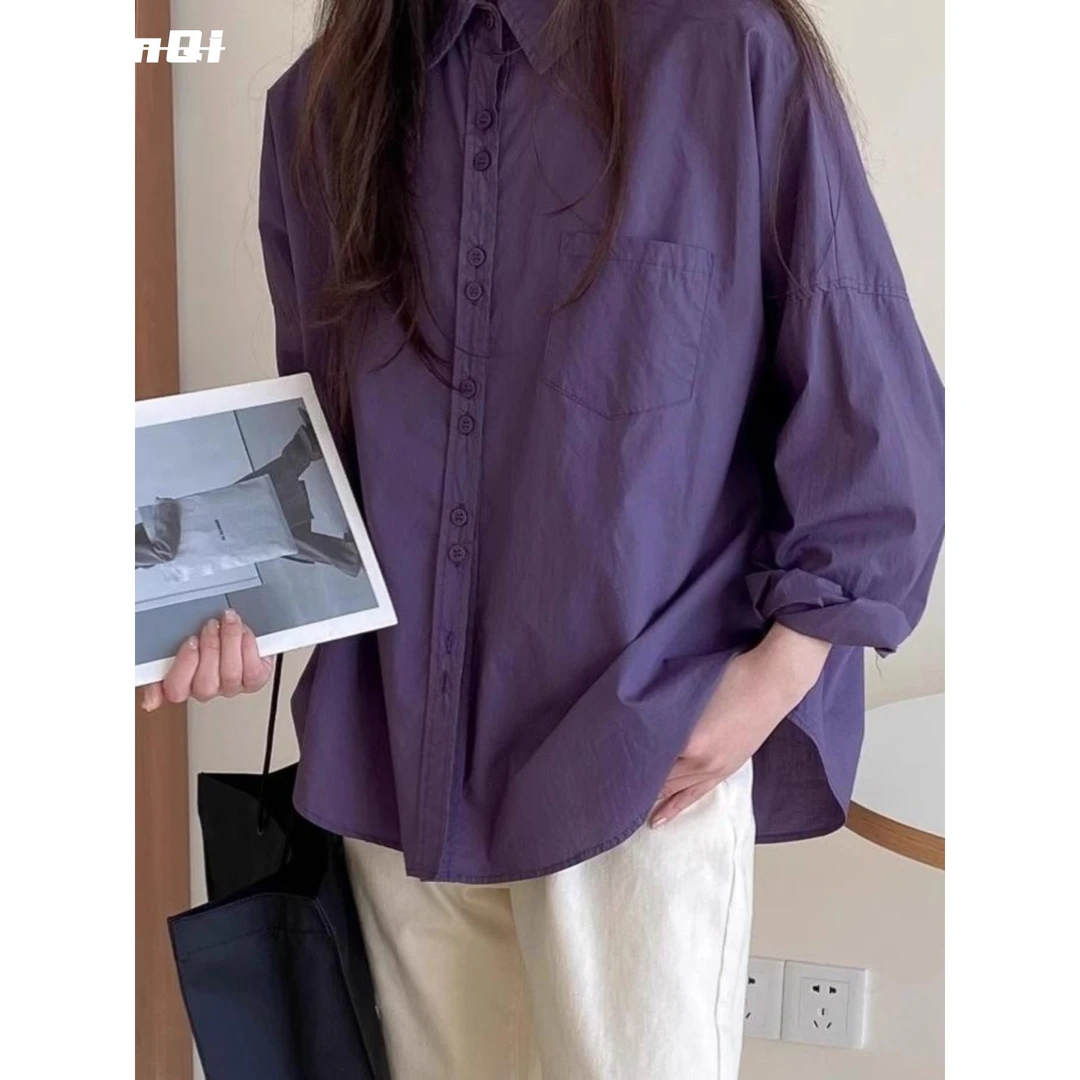 淳启大码设计感紫色衬衫女秋季微胖妹妹mm不规则宽松显瘦长袖上衣
