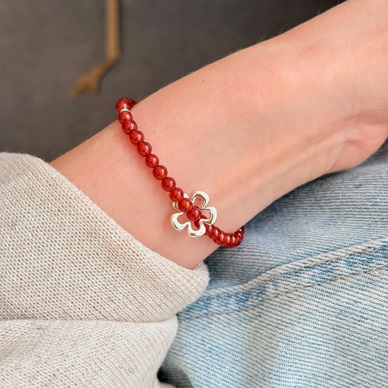 925银手链 925纯银红珠花朵手链女简约手工设计可爱甜美气质小众
