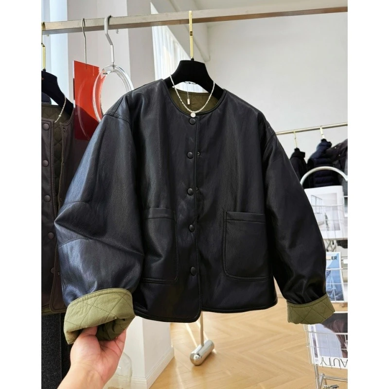 03471高级感别致韩系两面穿夹棉皮衣圆领pu皮夹克女秋冬棉服外套