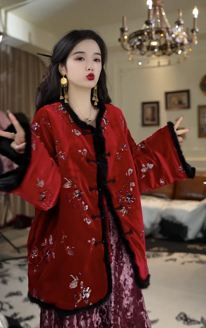 月畔湾【红月岚】新中式冬季重工加厚棉外套盘扣棉服