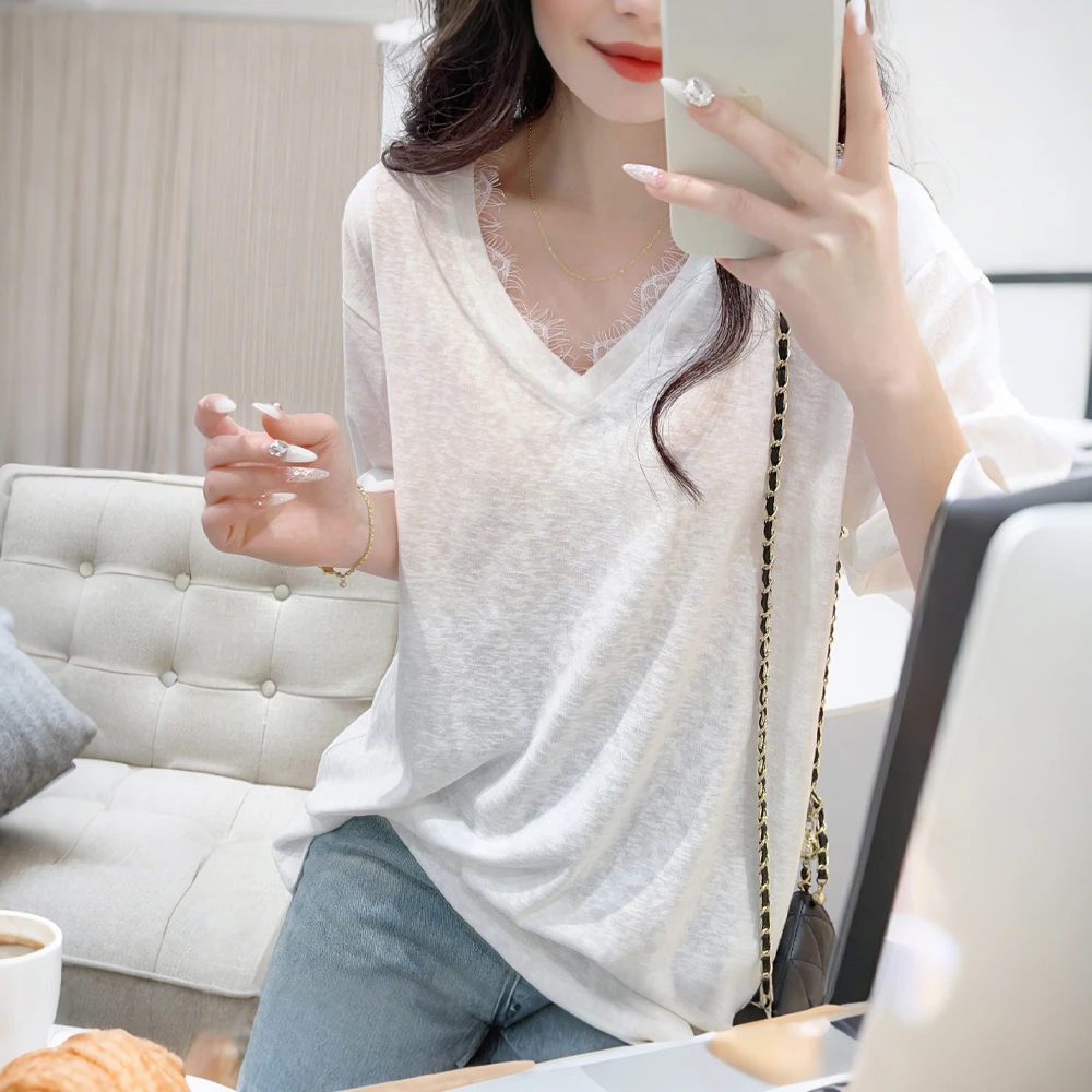 蕾丝拼接V领雪花棉短袖薄款T恤女夏季新款宽松显瘦纯色体恤上衣潮