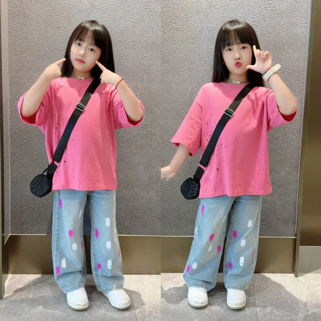 女童裤子儿童夏季潮酷烫钻休闲中大童宽松短袖T恤衫阔腿裤套装