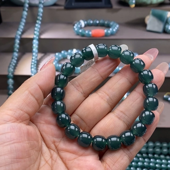 未镶嵌手链翡翠六****?卡9.7mm老型22颗（墨蓝绿）
