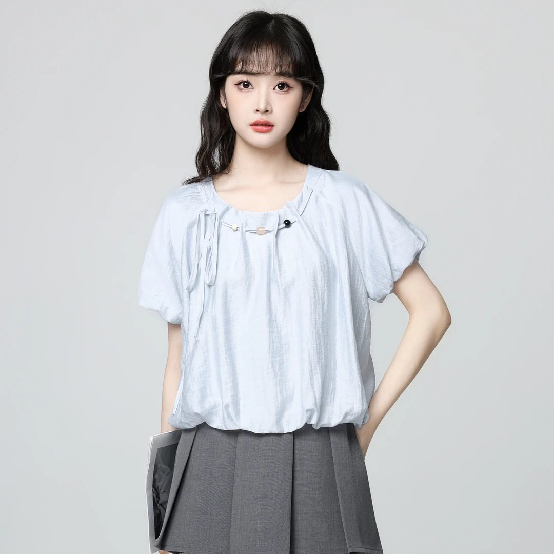 法式浅蓝色泡泡袖衬衫女2025夏季新款蝴蝶结系带短袖衬衣短款上衣