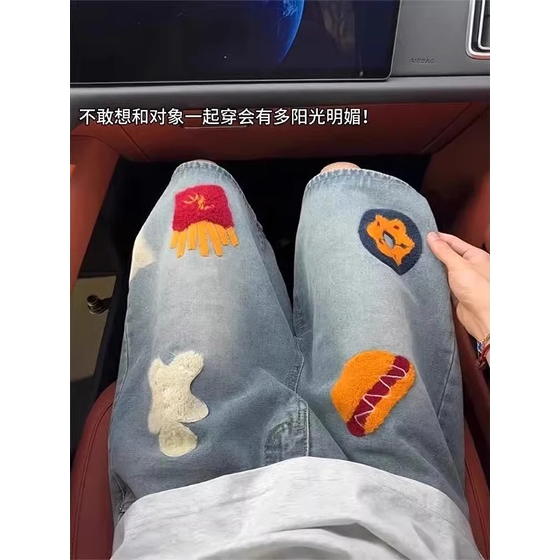 美式高街卡通毛巾绣牛仔短裤男款夏季潮牌cleanfit复古休闲七分裤