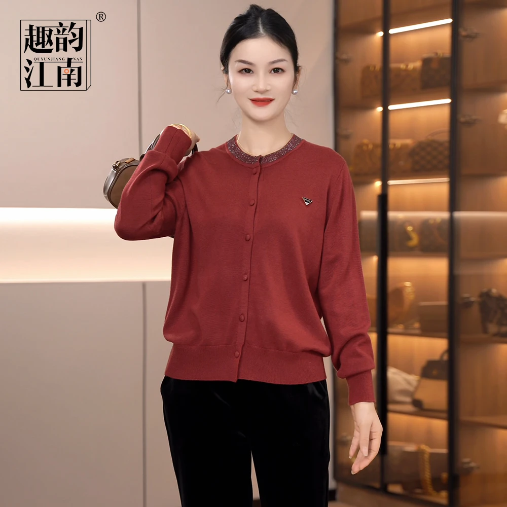 趣韵江南妈妈装针织羊毛衫洋气金色logo上衣中老年气质复古套装