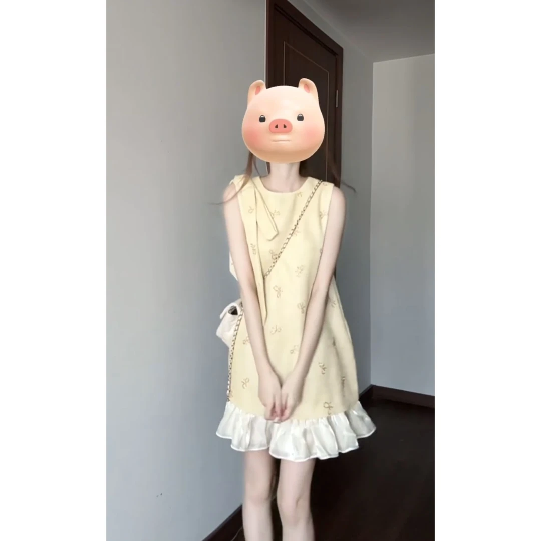parkyeon富家千金蝴蝶结碎花奶黄色无袖背心连衣裙女小个子短裙