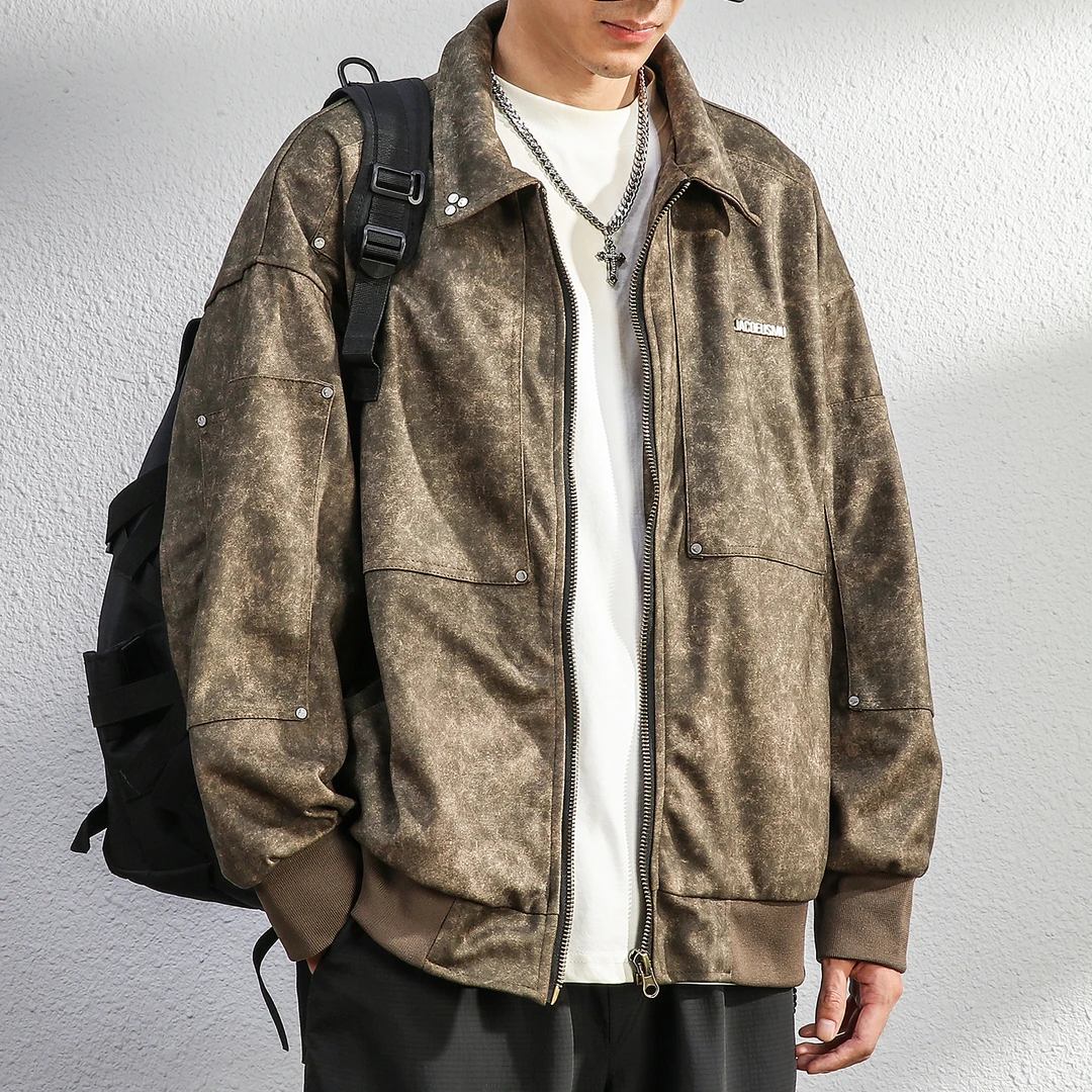 JEEPSPIRIT扎染美式重磅潮牌迷彩工装外套男士秋季复古宽松夹克