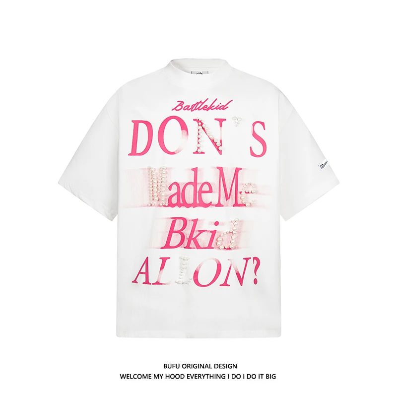 亿万少年BUFU美式复古渐变字母印花短袖T恤男女珍珠拼接街头情侣