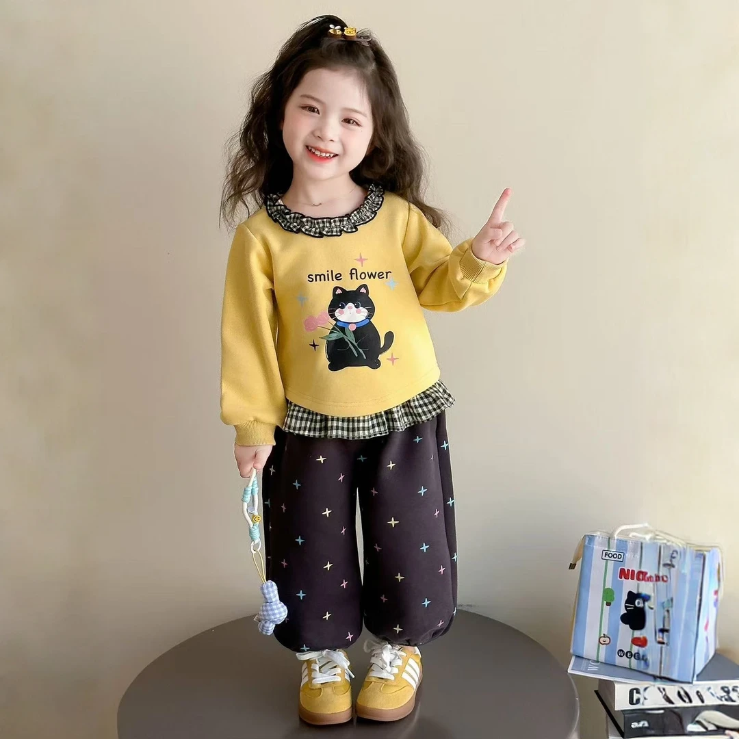 【现货】女小童韩版套装春秋款2025新款宝宝花边领卫衣秋装两件套