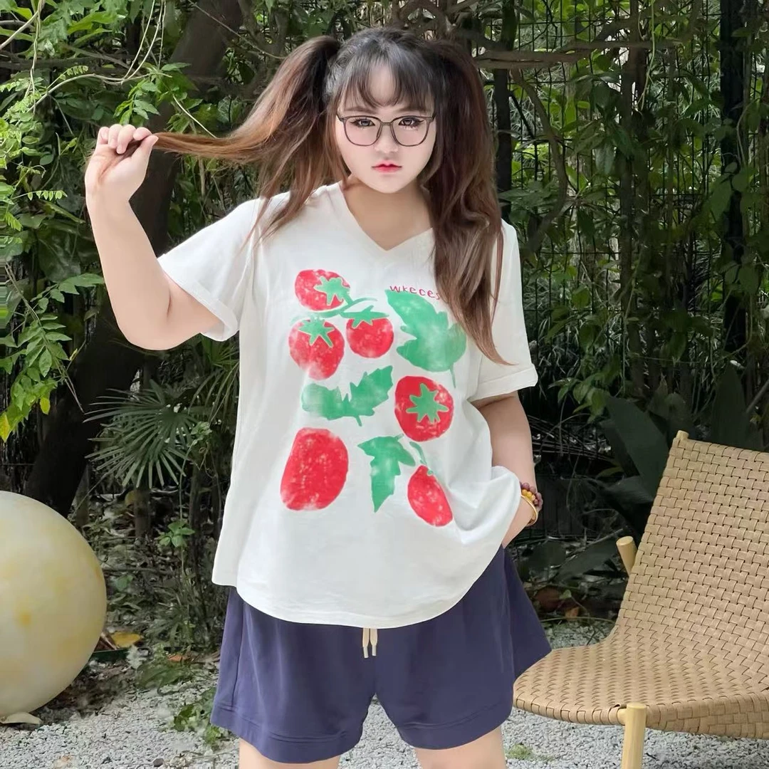 HI/小美很忙【元气番茄】 大码女装 时尚百搭弹力T恤短袖WLL394