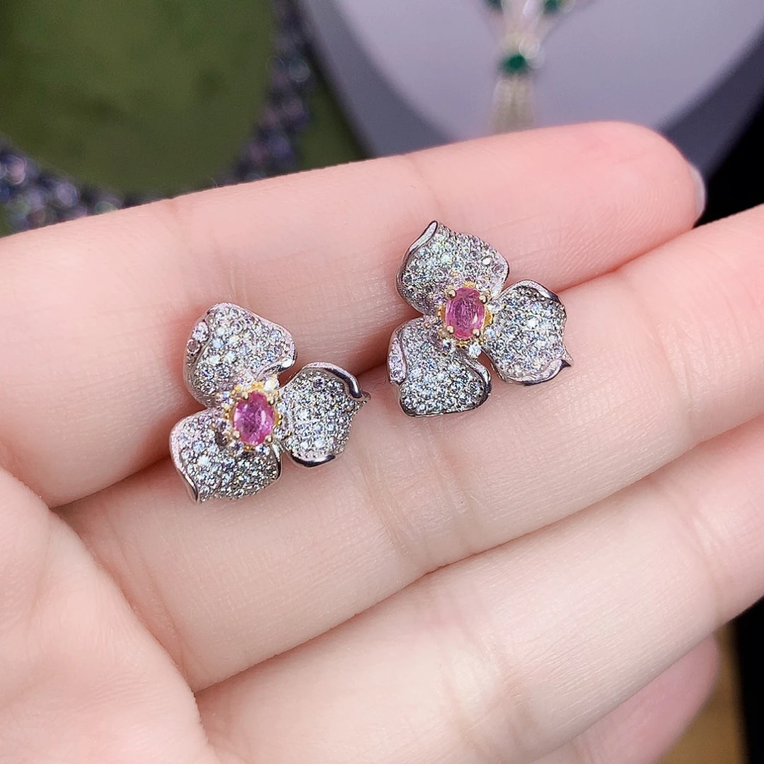 彩色蓝宝石银S925镶嵌耳饰