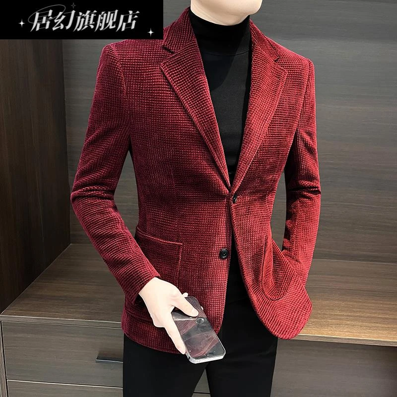 居幻格子西装外套男士2025年新款高级感春季修身韩版休闲西服上衣