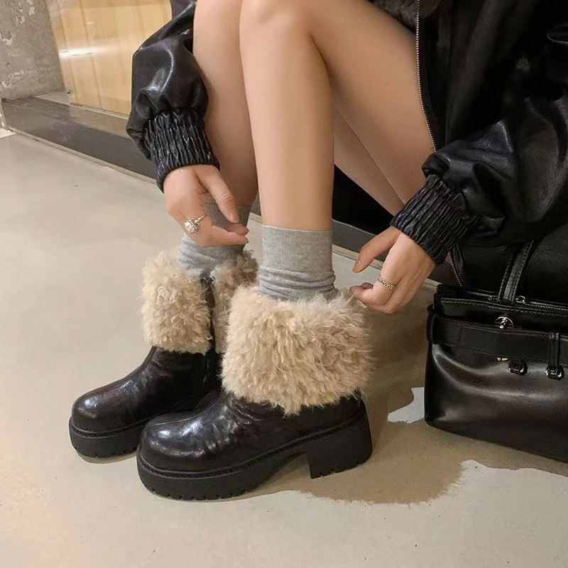 厚底毛毛短筒时装靴2025冬季新款粗跟加绒保暖棉靴英伦风百搭短靴