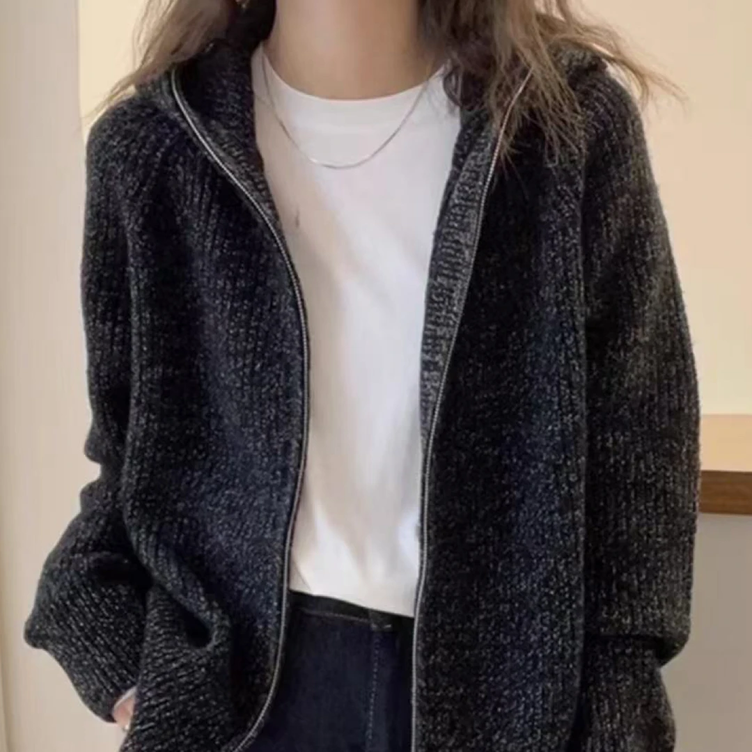 时髦复古减龄连帽拉链毛衣女保暖舒适加厚外穿长袖6695