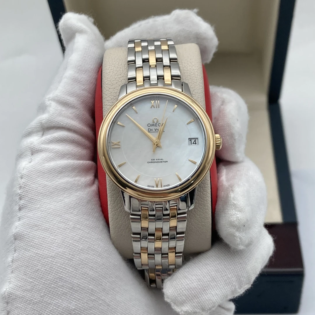 95新 Omega/欧米茄 32.7mm 贝母盘 碟飞 18k间金自动机械女士腕表