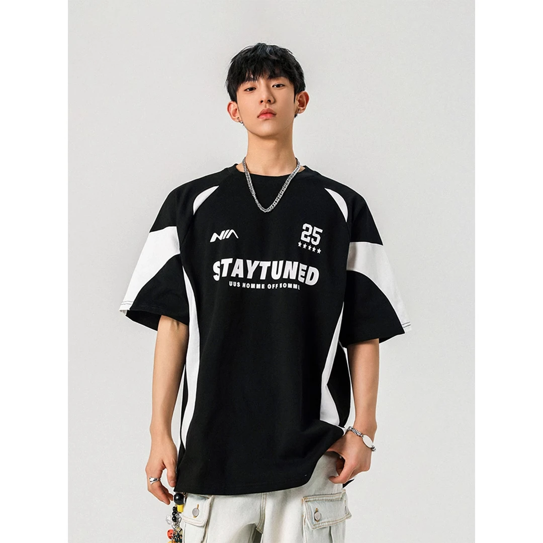 特大码300斤美式高街机车风纯棉短袖t恤男女夏季拼接撞色宽松上衣