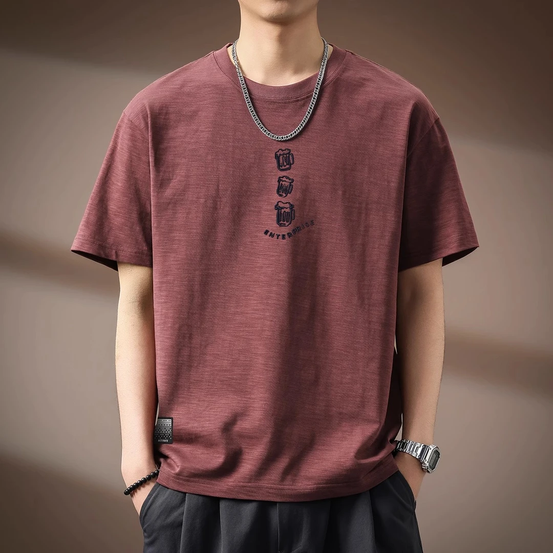 新款高端230g重磅竹节棉短袖T恤男2025夏季美式宽松大码体恤上衣