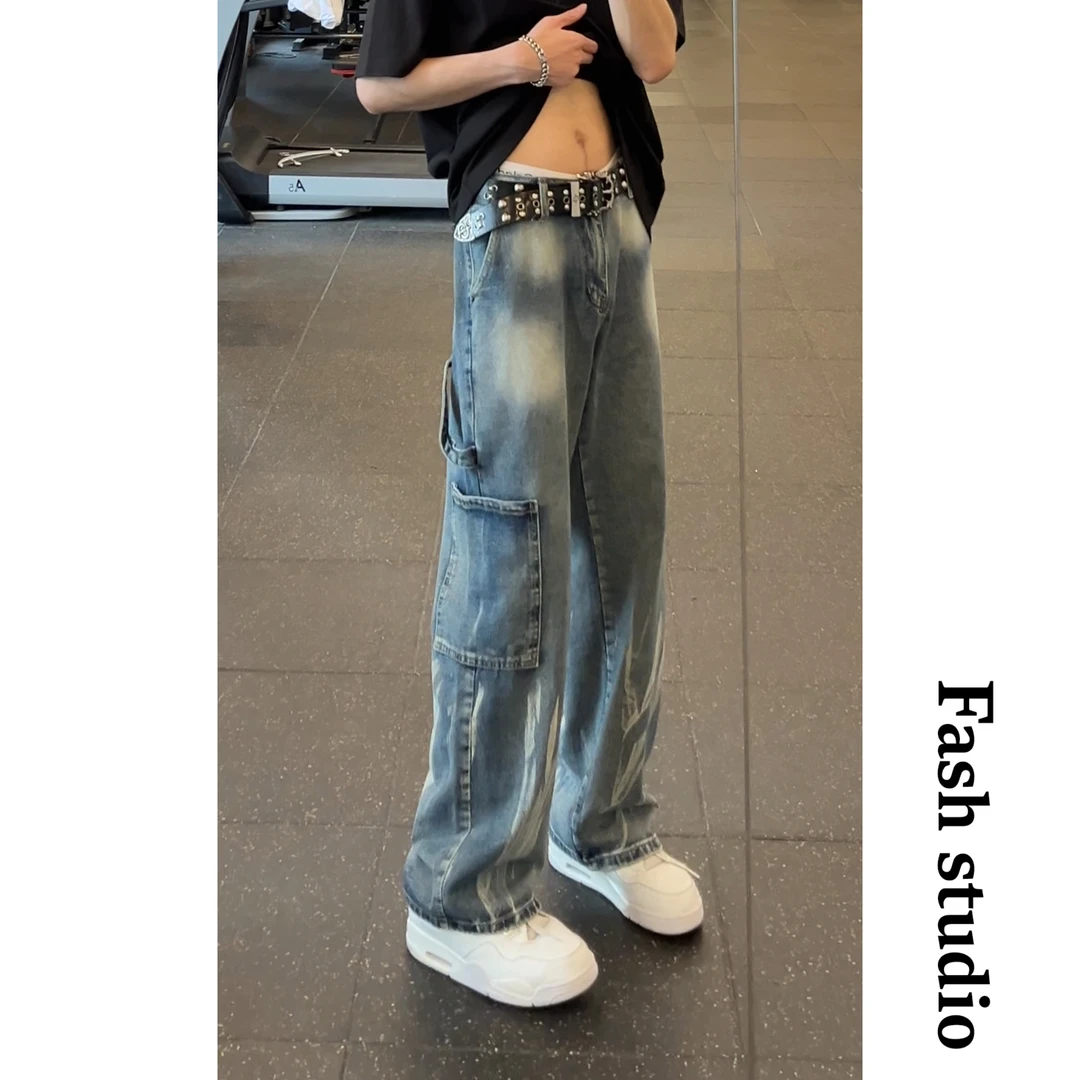 美式高街hiphop裤子vibe风直筒牛仔裤男ins潮设计感痞帅阔腿裤