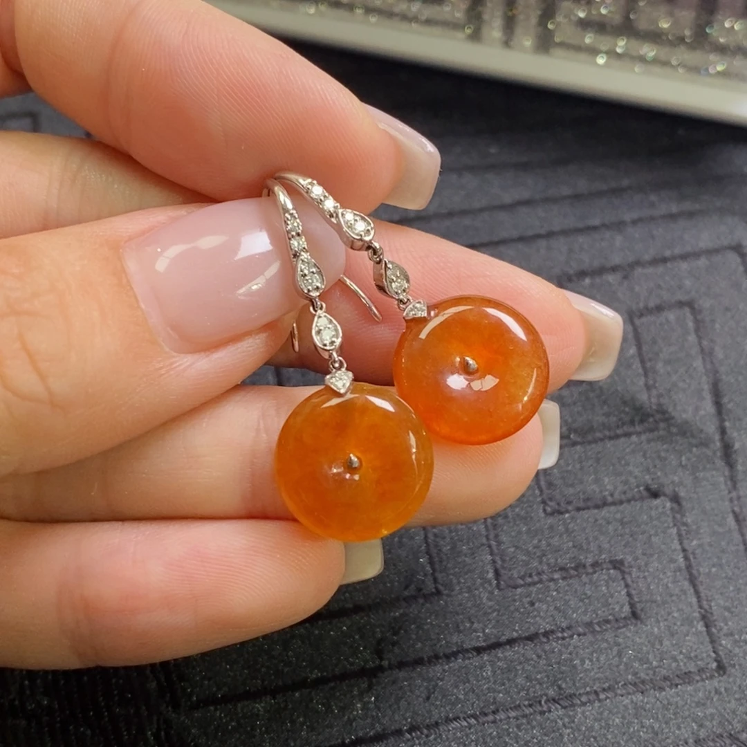 翡翠18K金镶嵌耳饰蜜橘红耳钩