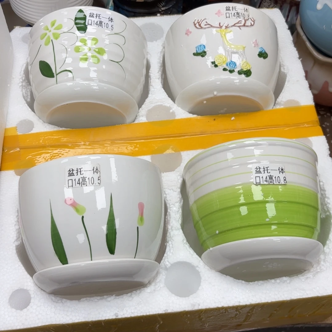 @夏西陶瓷花盆@@四个手绘
