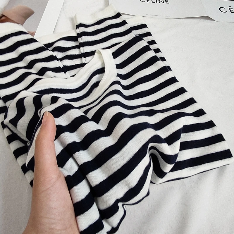 【倩倩专属】新款设计感宽松别致法式气质圆领条纹长袖针织衫S057#