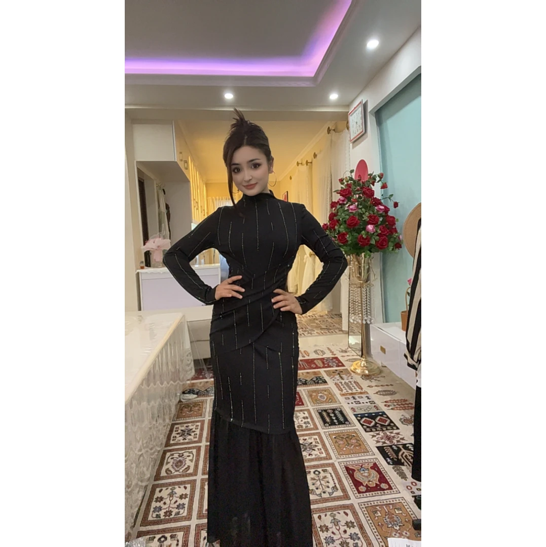 9881【包邮】新款拼接时尚气质高级烫钻时尚女装连衣裙