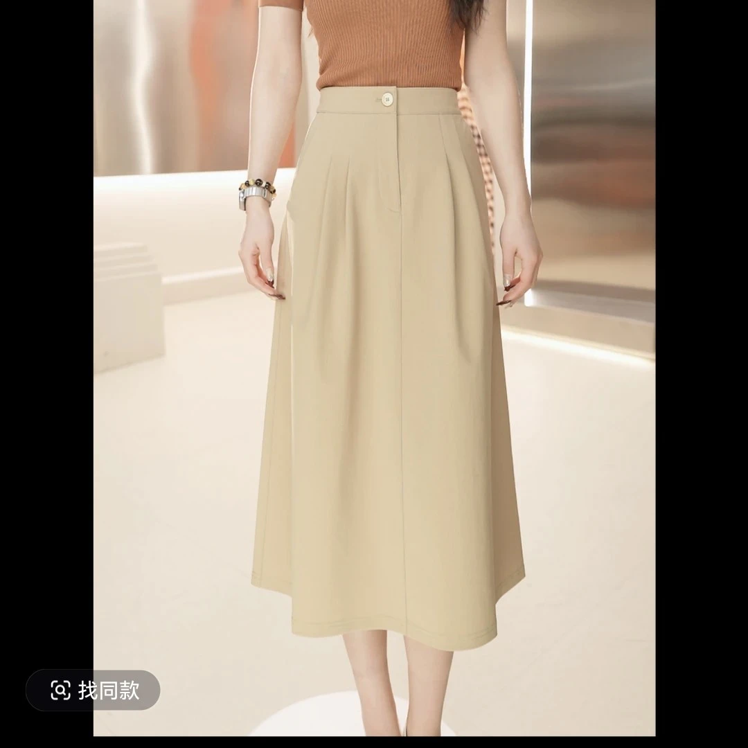 GIRDEAR/哥弟春季新款招牌四面弹两侧活褶高腰中长半身裙女120005