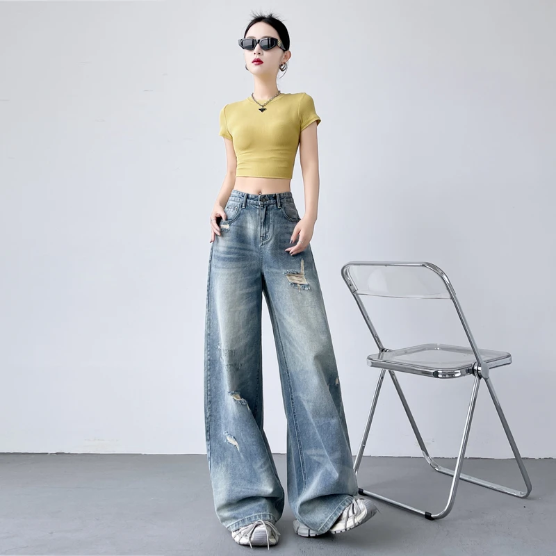 秋季2026复古做旧破洞水洗磨破牛仔裤女宽松高腰显瘦直筒裤长