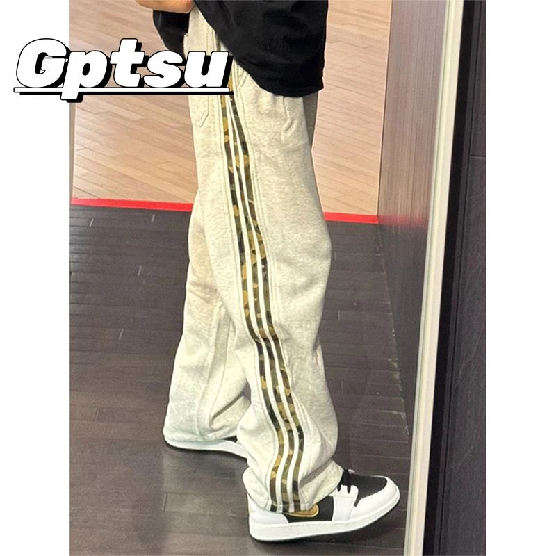 GPTSu迷彩条纹裤子男美式复古重磅三条杠卫裤直筒阔腿休闲运动裤