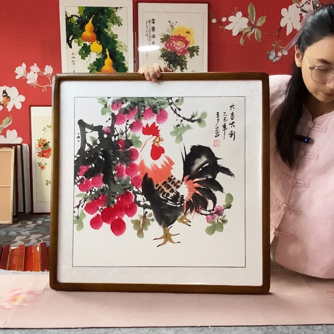 国画手写手绘带框包邮国画作品62✖️62