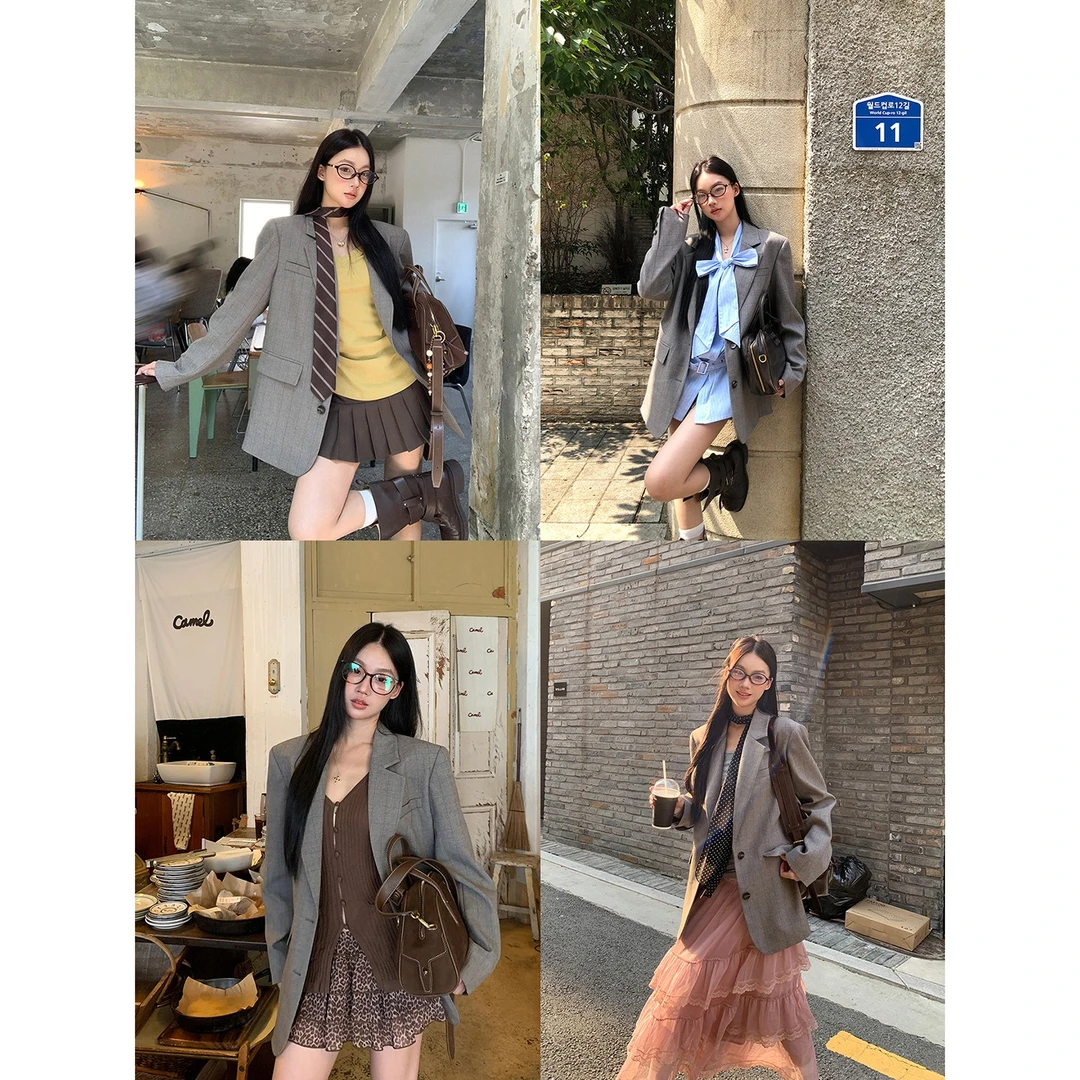 【薰衣草西装外套】秋季美式复古细条纹宽松长袖BD西装外套253H2523