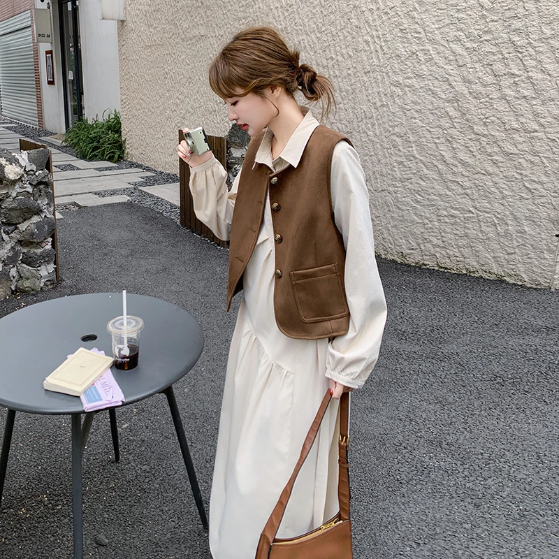 麂 皮绒马甲轻熟风衬衫连衣裙套装女春2025新款气质法式茶歇长裙