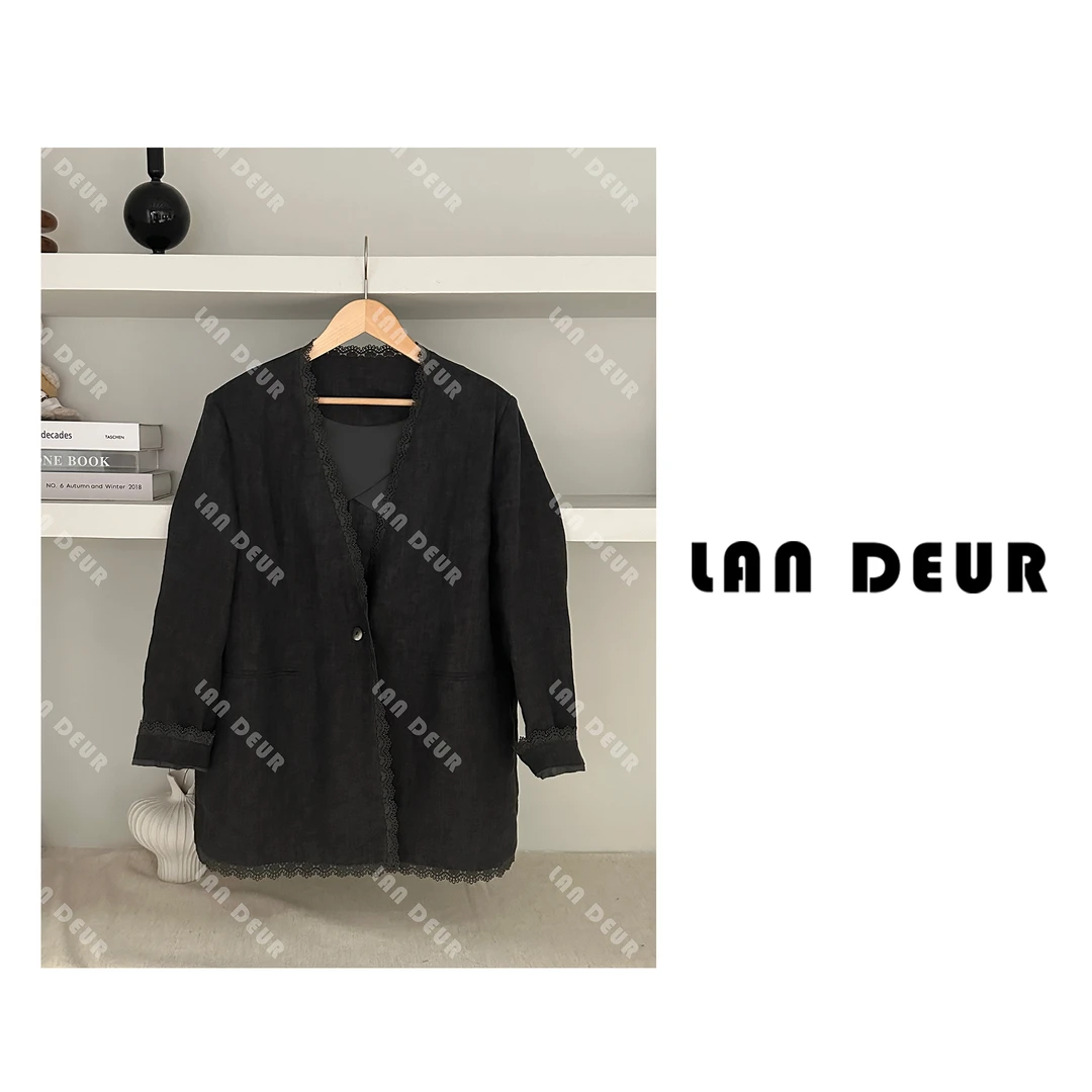 JIUJIU【柏林物语】西服蕾丝百搭显瘦设计感灰色中长款休闲西装