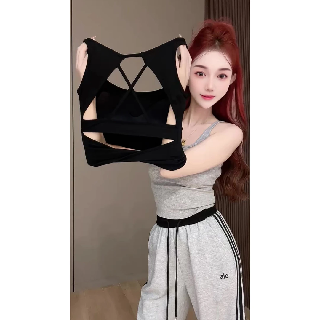 性感运动风美背设计感交叉镂空美背辣妹方领弹力修身无袖背心